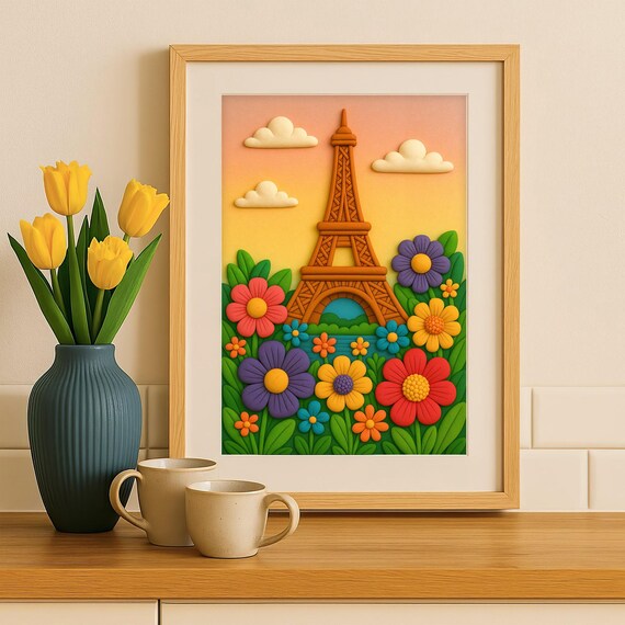 Eiffel Tower Paris Clay Flower Art Poster Colorful 3D Floral Home Decor