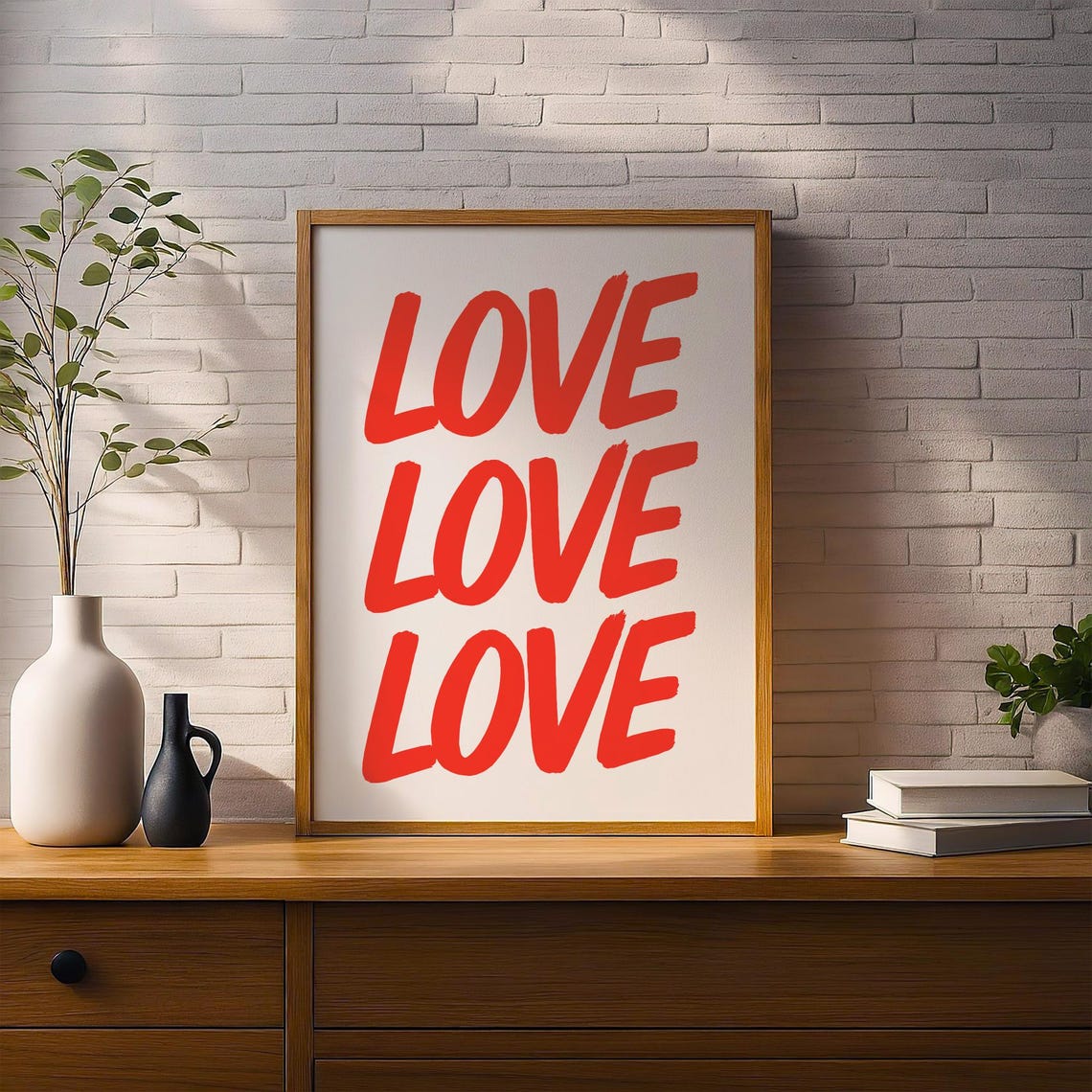 Love Repeated Red Brush Typography Minimalist Love Quote Poster