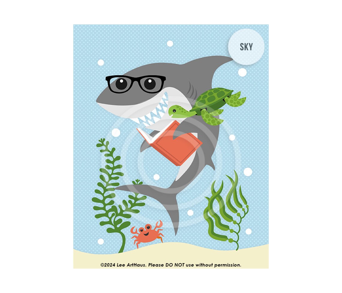 Cute Shark Reading Book With Glasses Green Undersea Scene Kids Library Poster - Image 2