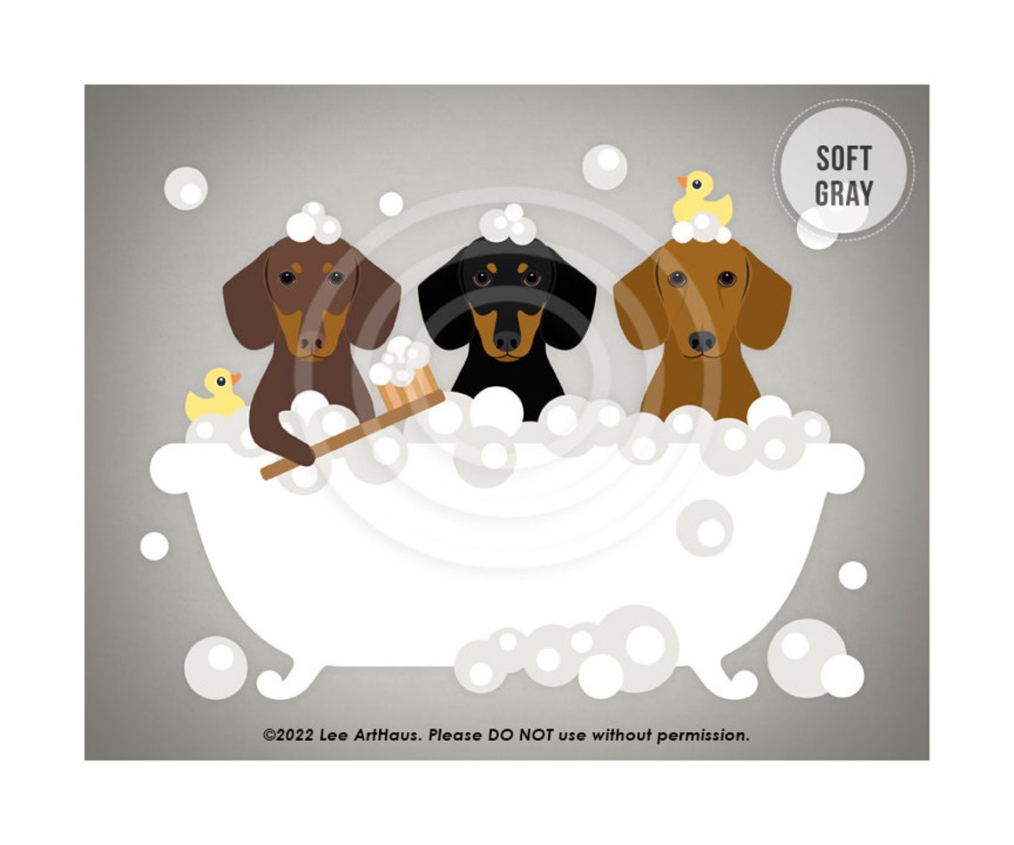 Three Dachshunds Bubble Bath Teal Brush And Duckies Cute Dog Poster - Image 3