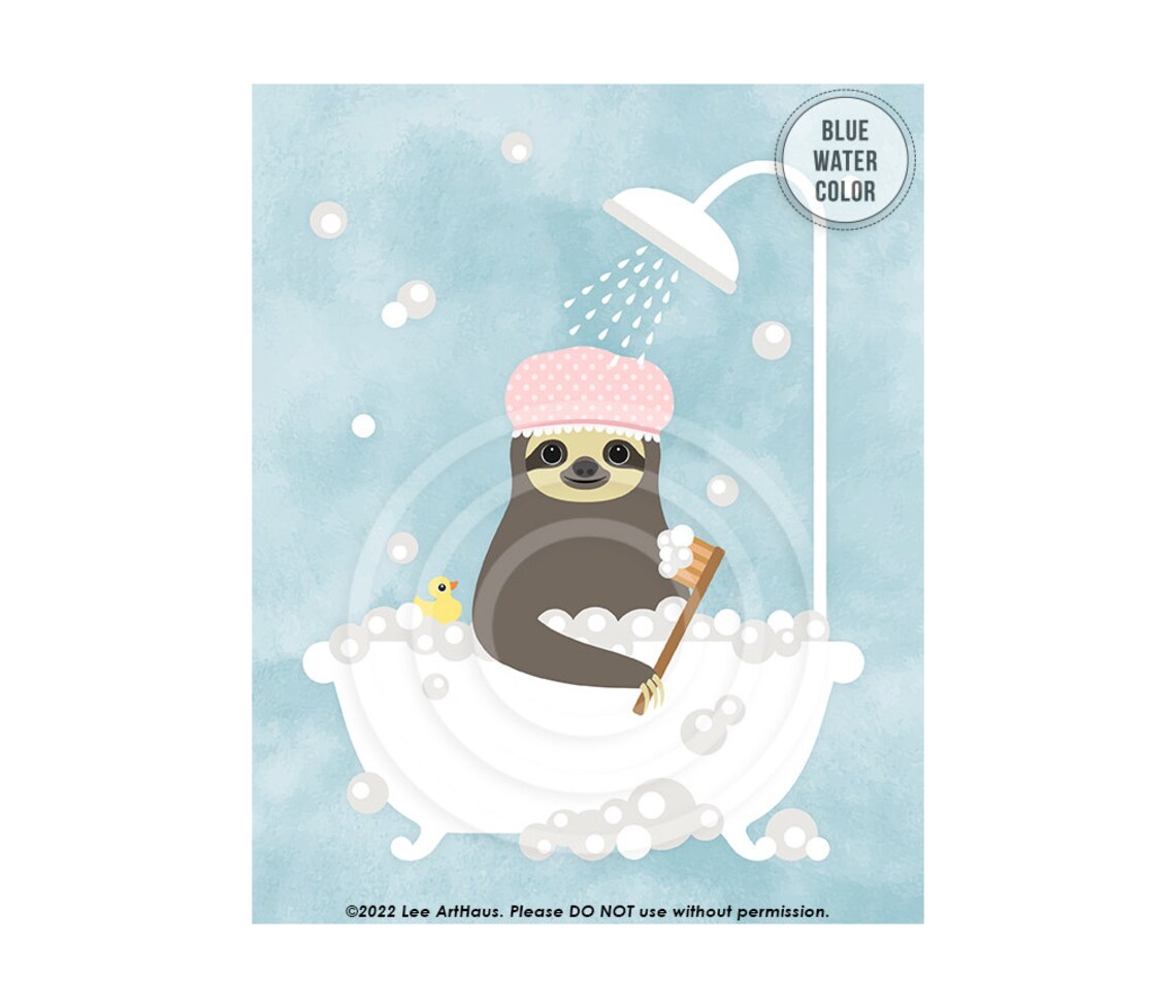Sloth Wearing Pink Shower Cap Bubble Bath Tub Cute Bathroom Decor Poster