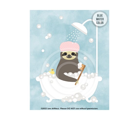 Sloth Wearing Pink Shower Cap Bubble Bath Tub Cute Bathroom Decor Poster