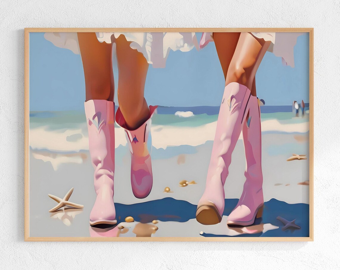 Pink Cowgirl Boots Starfish Beach Stroll Fun Western Day Poster