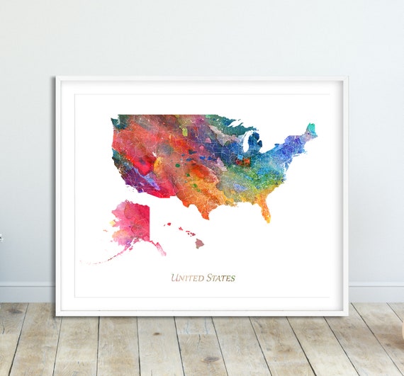 United States Map Print Usa Decor Wall Art Watercolor Home Office Travel Poster