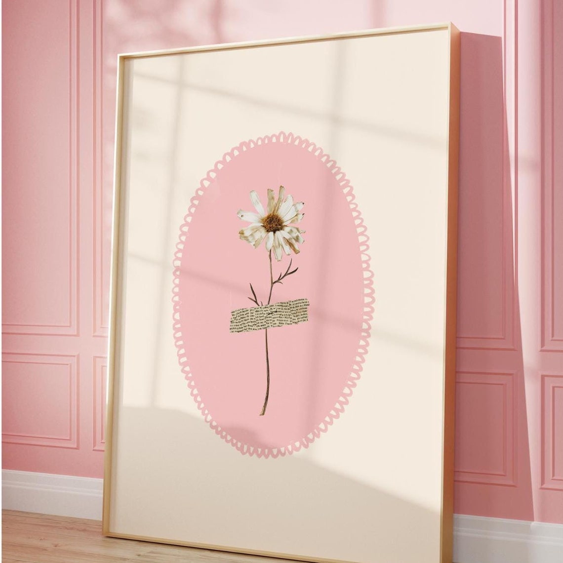 Pressed Daisy Flower Pink Oval Vintage Botanical Decor Poster