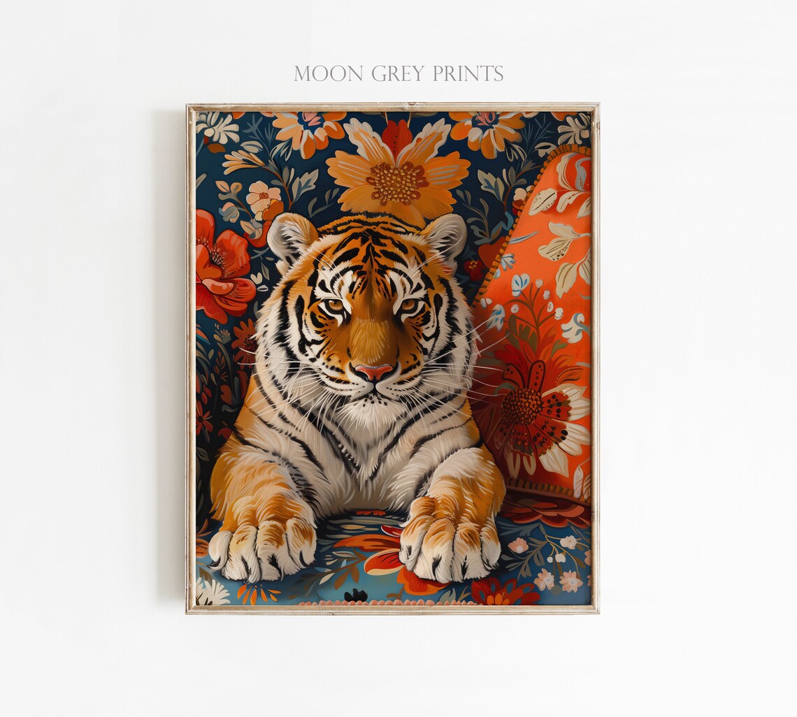 Tiger Laying On Couch, Maximalist Oil Painting - Image 2