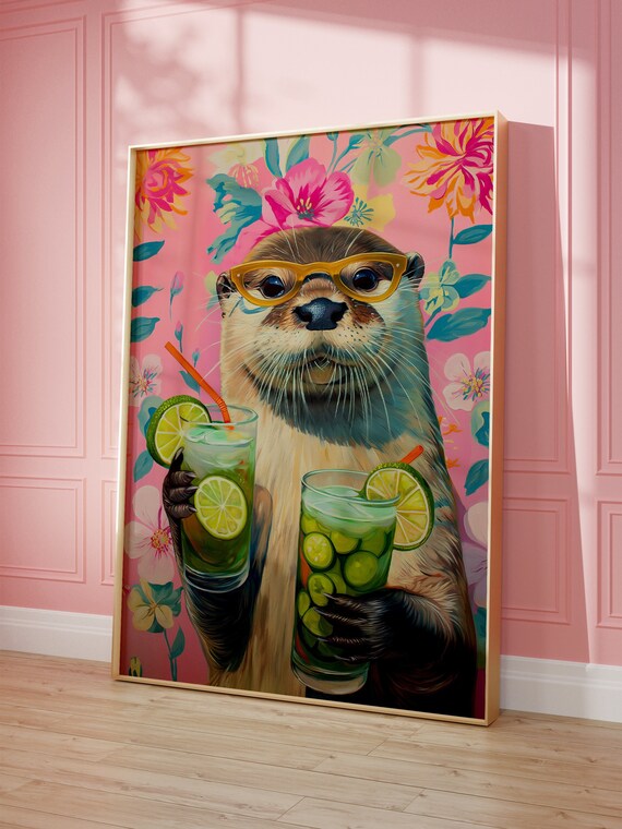 Otter With Cocktail, Maximalist Oil Painting