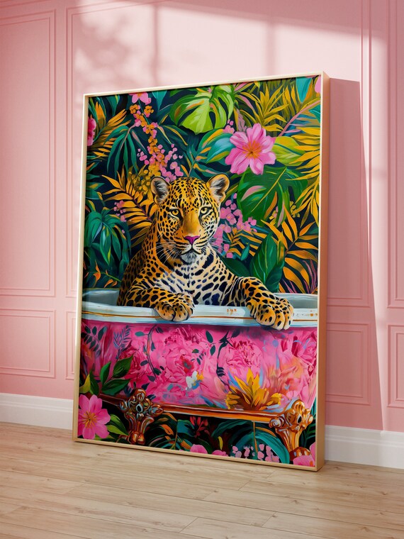 Leopard In A Bathtub, Maximalist Oil Painting