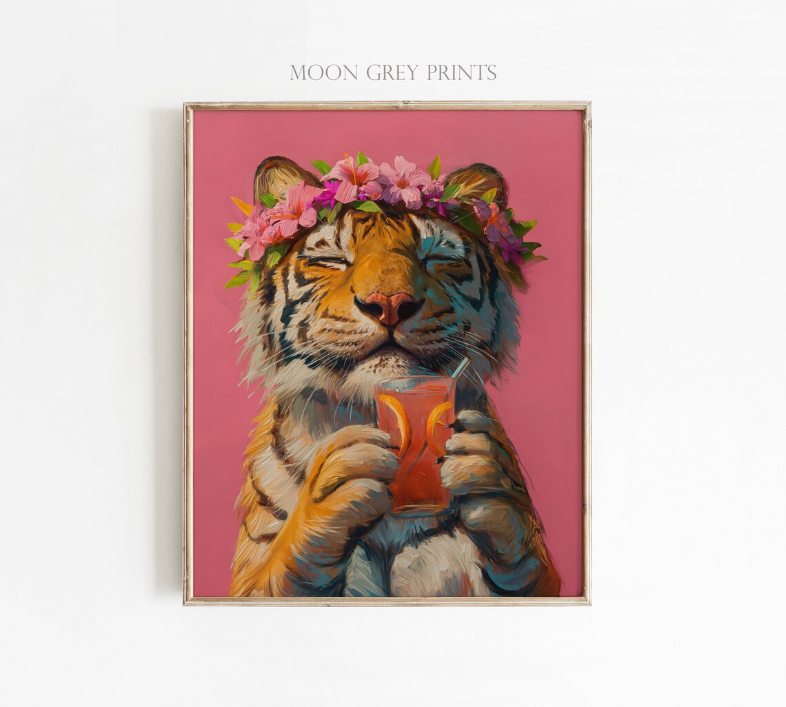 Tiger And Cocktail, Maximalist Oil Painting - Image 3