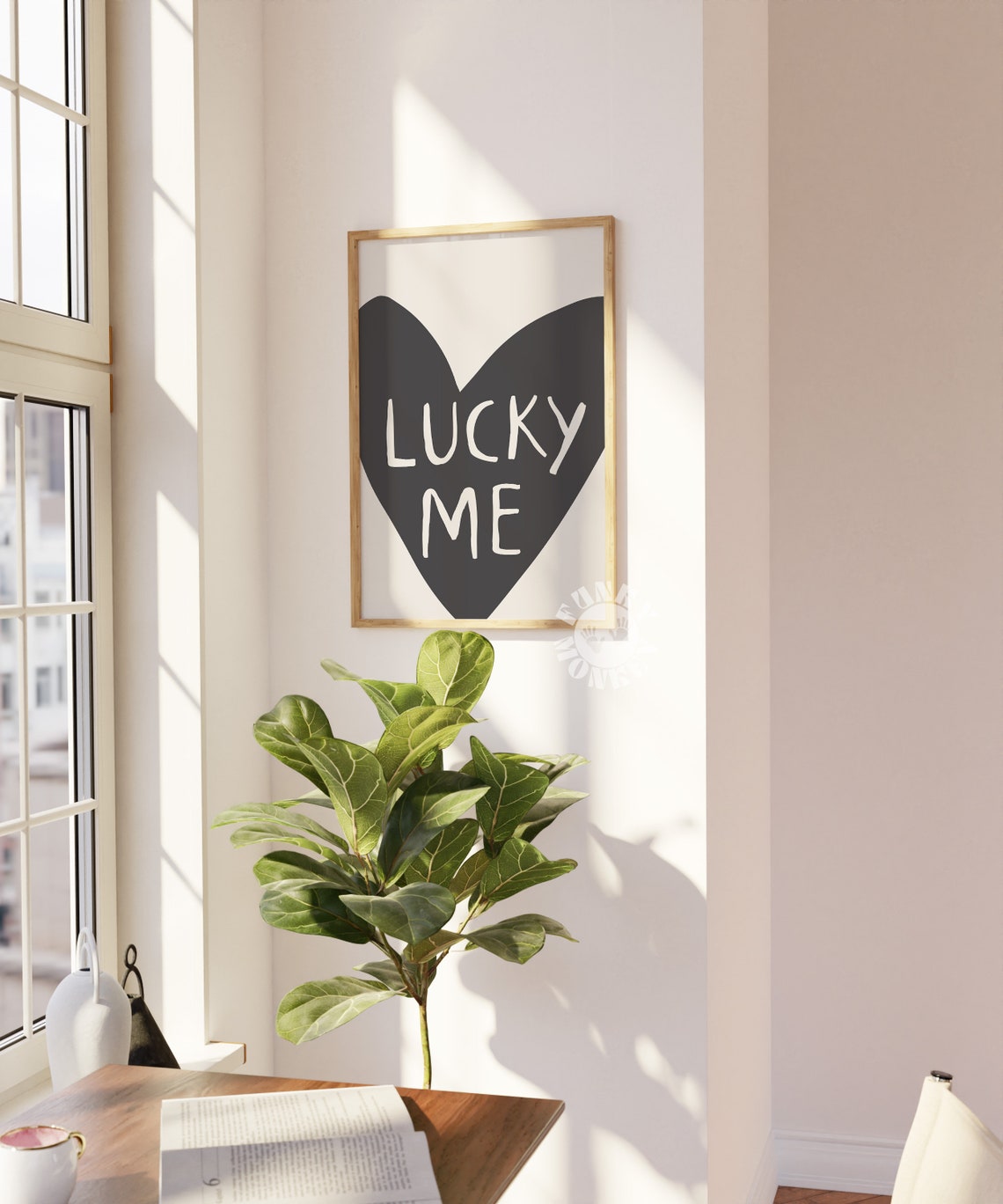 Lucky Me White Hand Lettered Script On Black Heart Art Poster