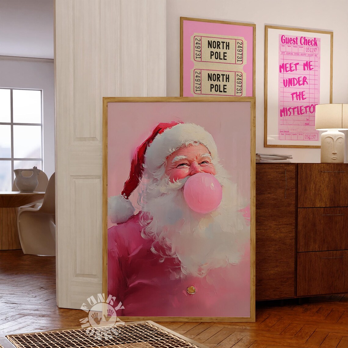Pink Santa Holiday Winter Print, Preppy Christmas
