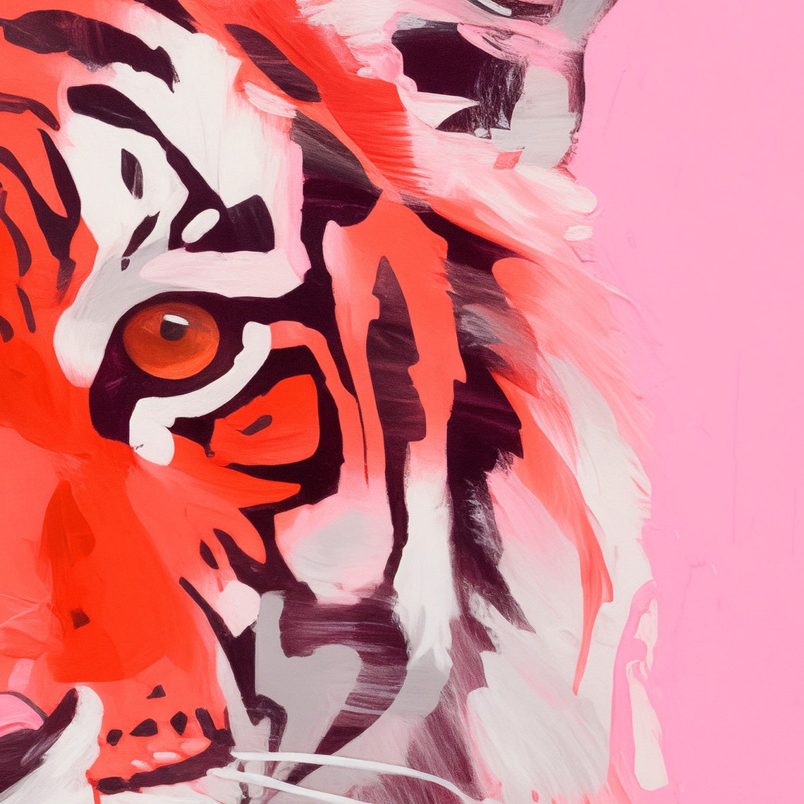 Bold Coral Tiger Portrait Pink Background Maximalist Art Poster - Image 3