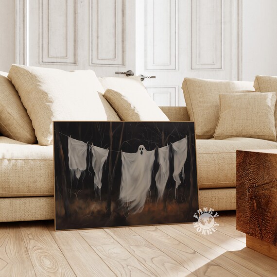 Halloween Wall Art Ghost Print Rustic Painting Cute Ghost On Clothesline Art Laundry Room Decor Art Print