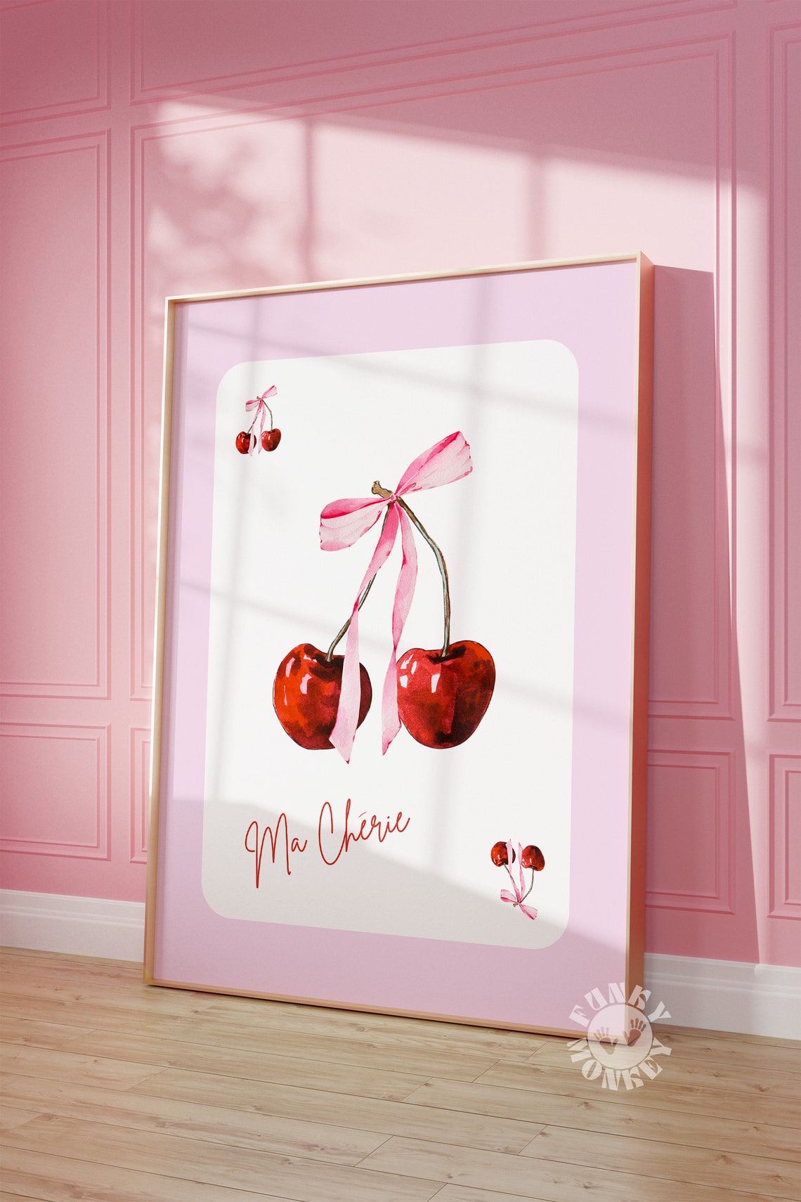 Ma Cherie Cherries With Pink Bow Coquette Watercolor Kitchen Print