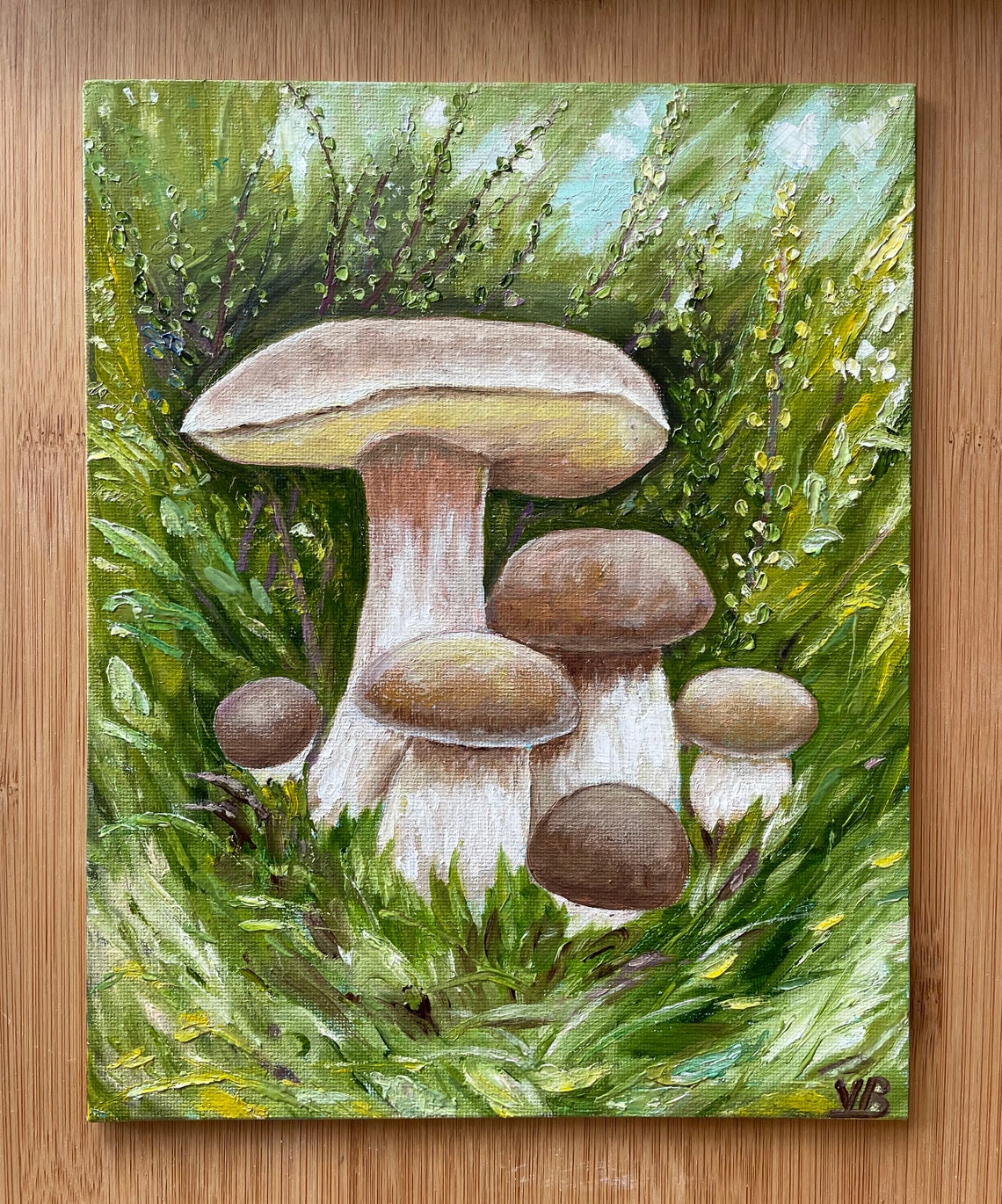 White Mushrooms Original Handmade Oil Painting On Porcini Mushroom Family Painting Small Food Kitchen Art Gift One Of A Kind