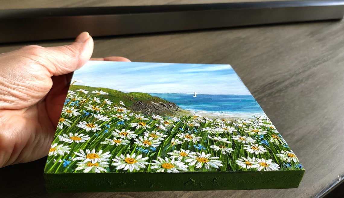 White Daisy Cliff Seaside Ocean View Mini Canvas Landscape Art Poster - Image 2