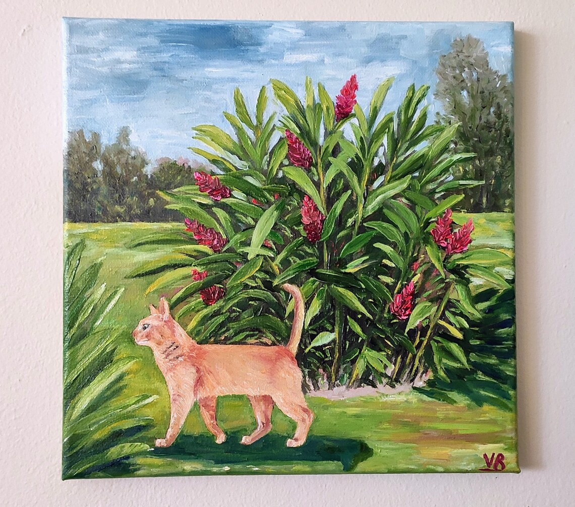 Ginger Cat Tropical Garden Red Flowers Oil Painting Animal Wall Art - Image 4