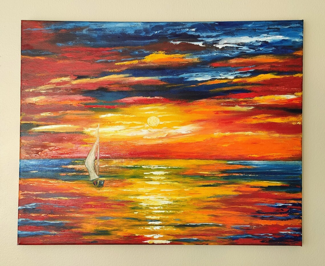 Sailboat On Blazing Red Ocean Sunset Golden Sun Nautical Art Poster - Image 2
