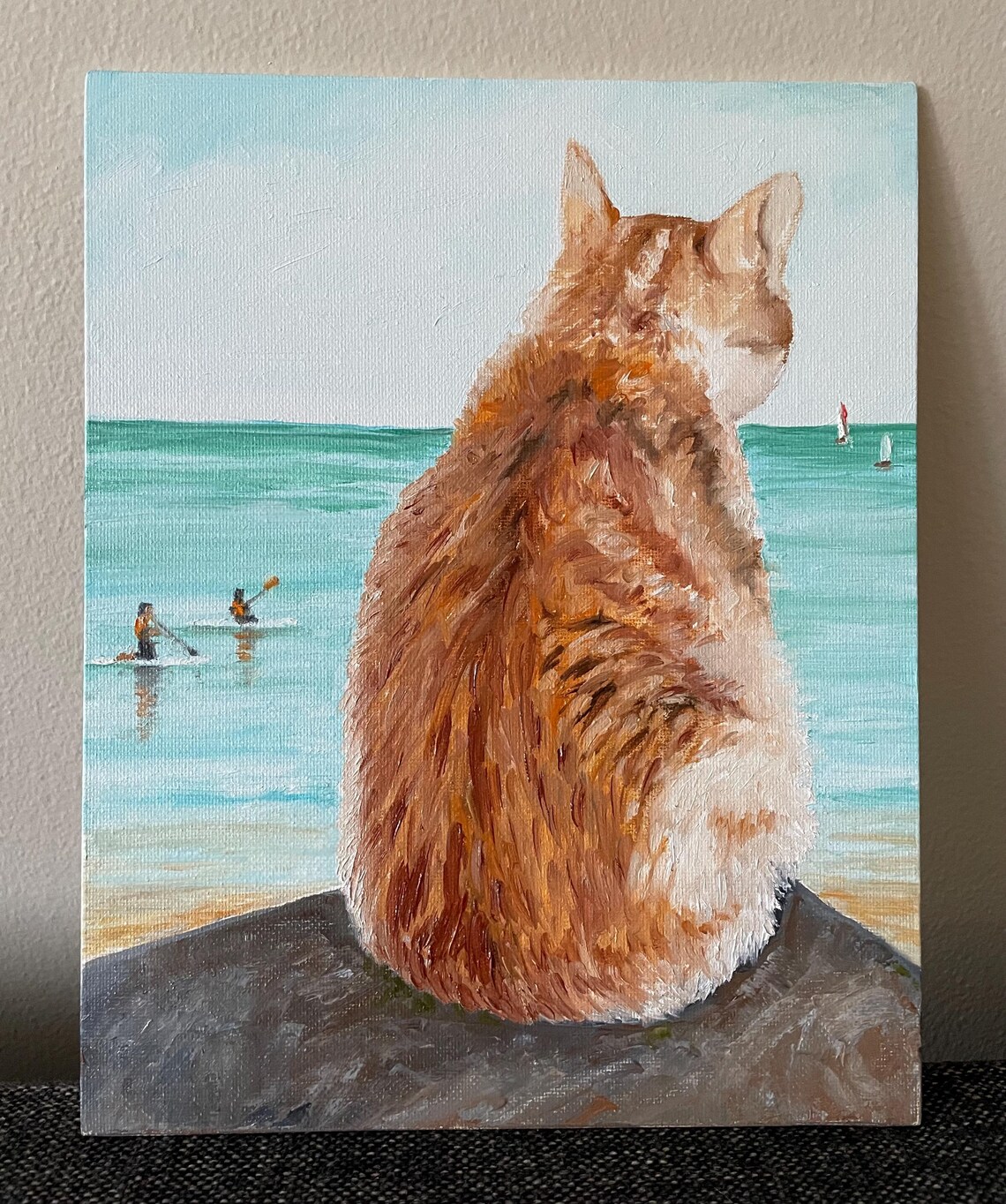 Orange Cat Watching Ocean Sailboats Seaside Oil Painting Animal Art - Image 4
