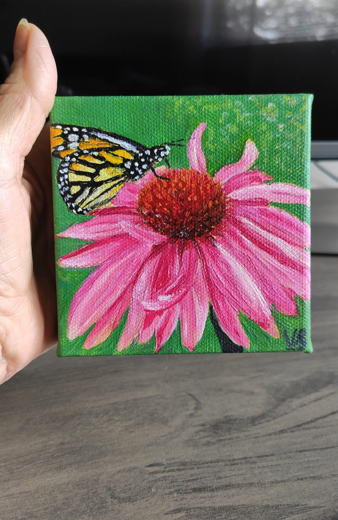 Pink Coneflower Monarch Butterfly Summer Garden Oil Painting Wall Art - Image 2