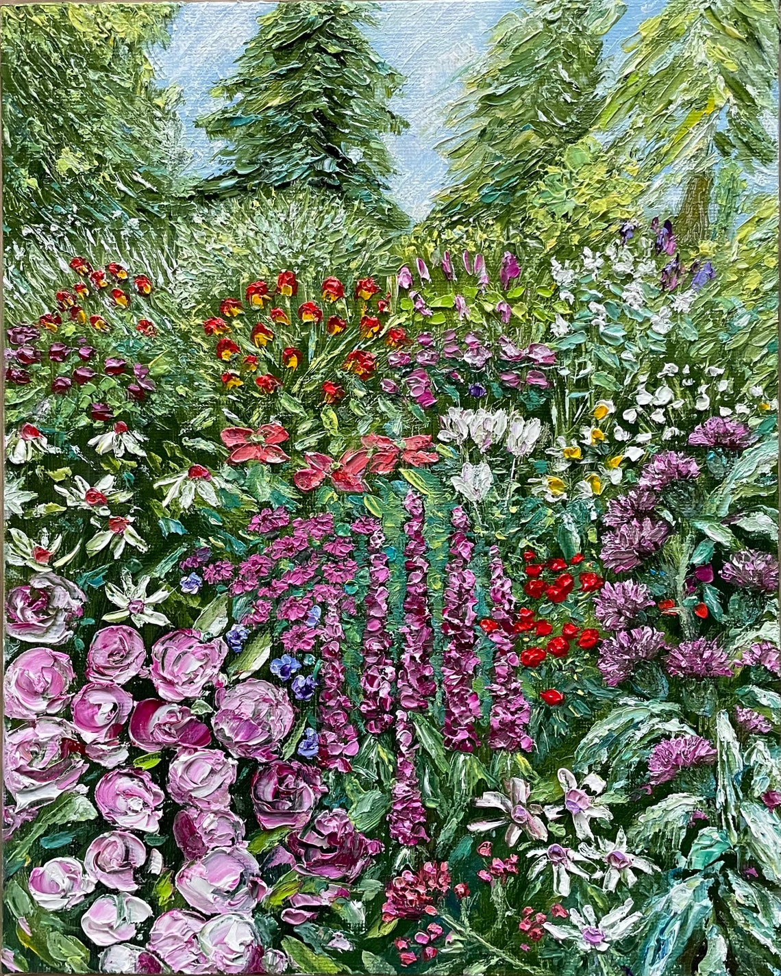 Lush Summer Garden With Pink Roses Salvia Poppies Fir Trees Art Poster - Image 4