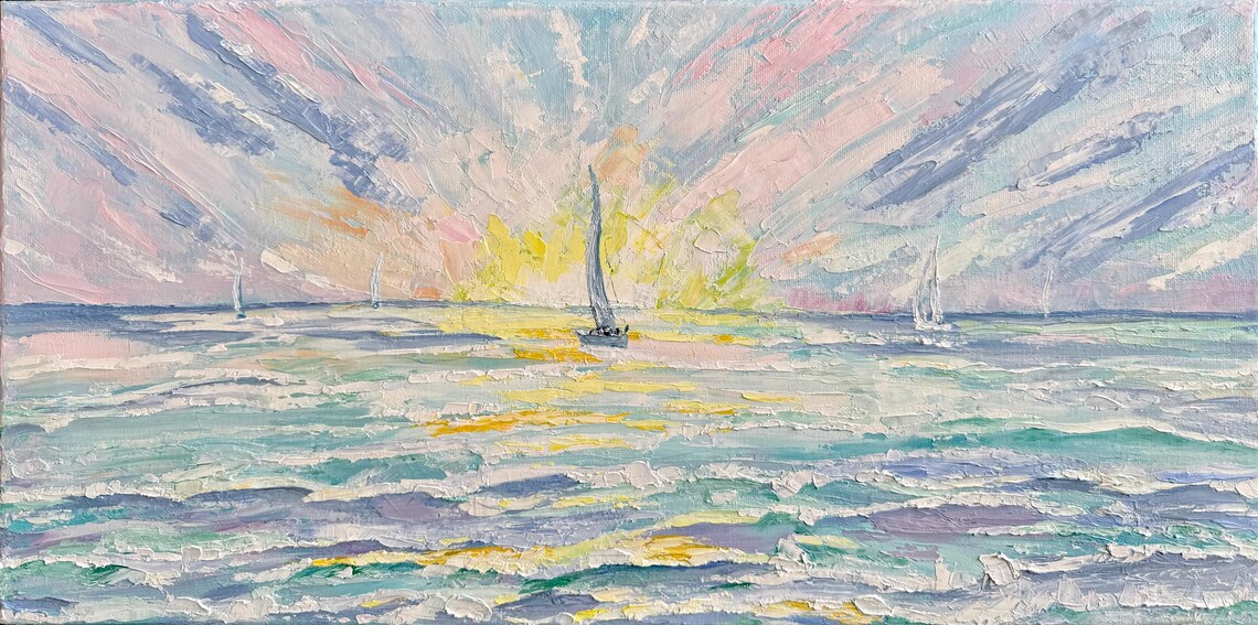 Sailboats Sunrise Seascape Pastel Impasto Nautical Oil Painting Wall Art - Image 3
