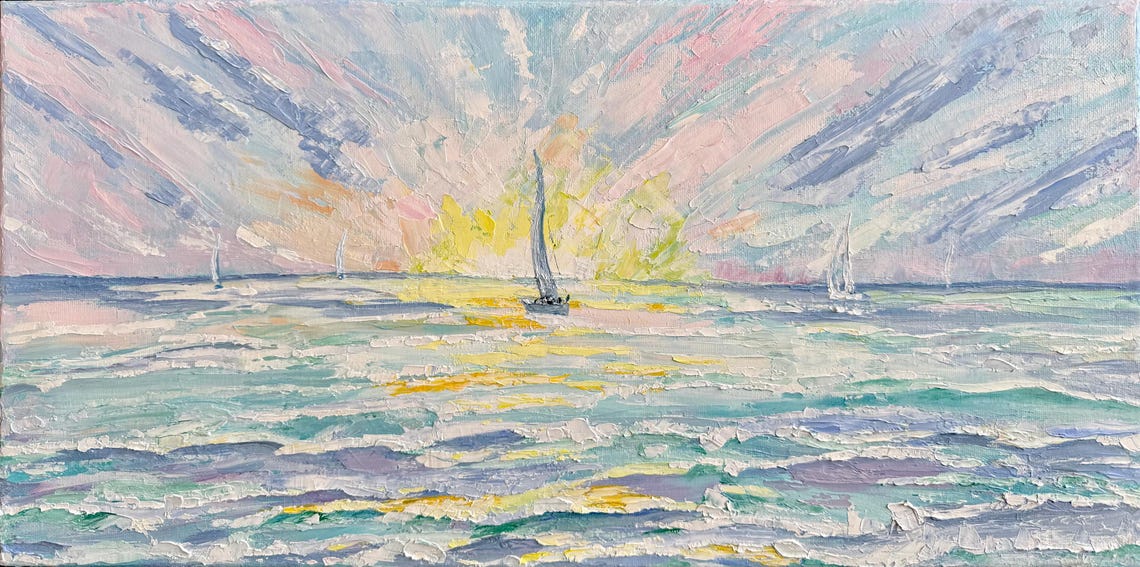 Sunrise Seascape Sailboats Original Handmade Oil Painting On 20x10 Nautical Palette Knife Abstract Painting One Of A Kind Gift - Image 3