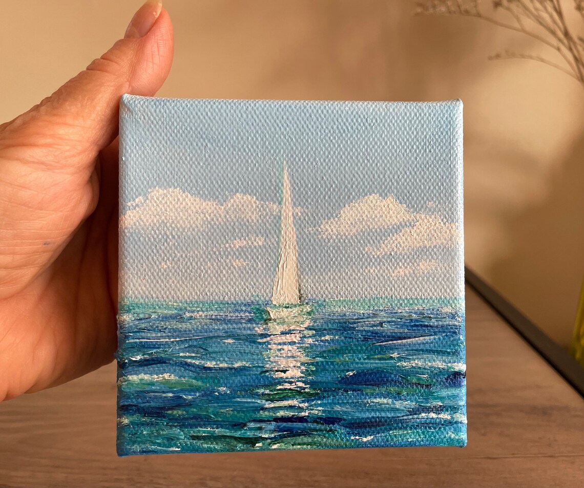 White Sailboat Blue Ocean Waves Original Oil Painting Nautical Wall Art - Image 3