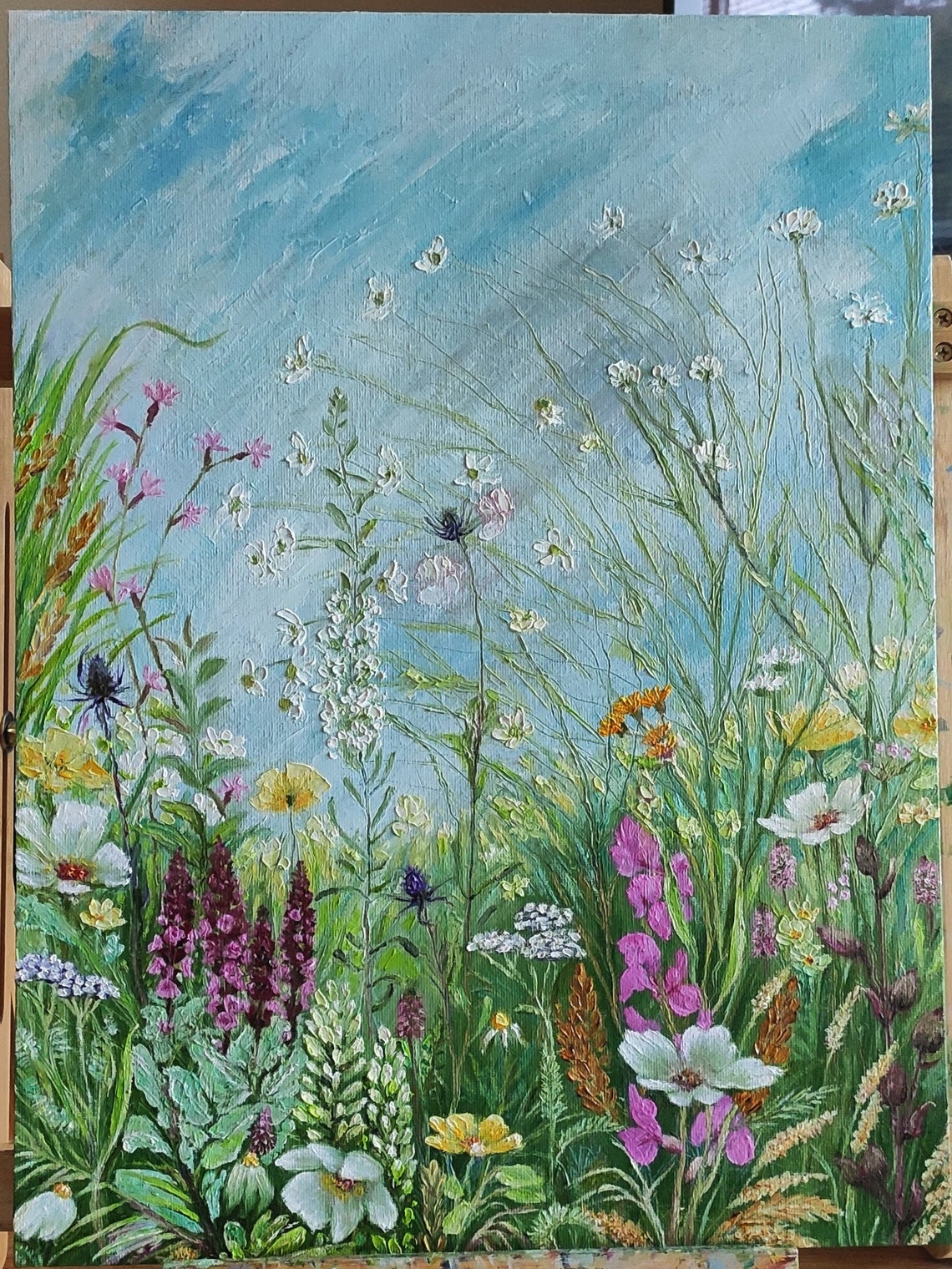 Dense Wildflower Meadow White Cosmos Blooms Nature Oil Painting Art - Image 4