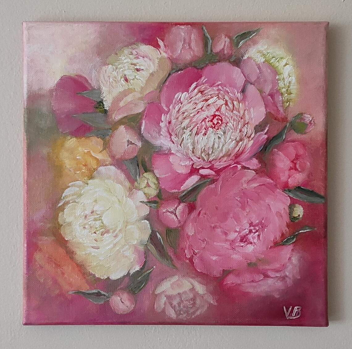 Blush Pink Peonies Bouquet Soft Floral Oil Painting Wall Art Poster - Image 2