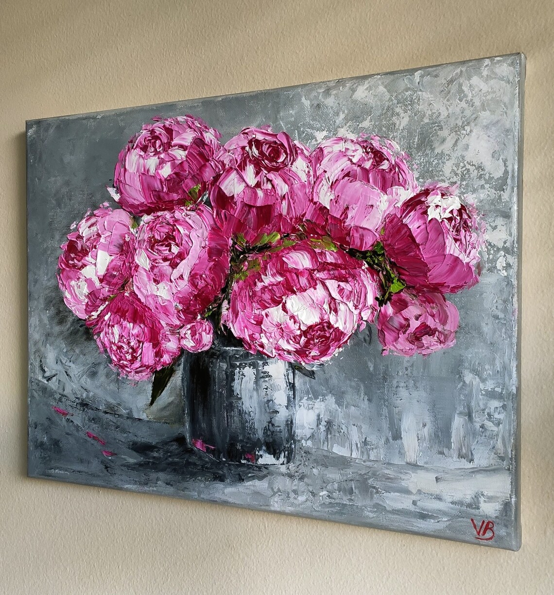 Pink Peonies Bouquet Gray Vase Impasto Floral Oil Painting Wall Art - Image 2