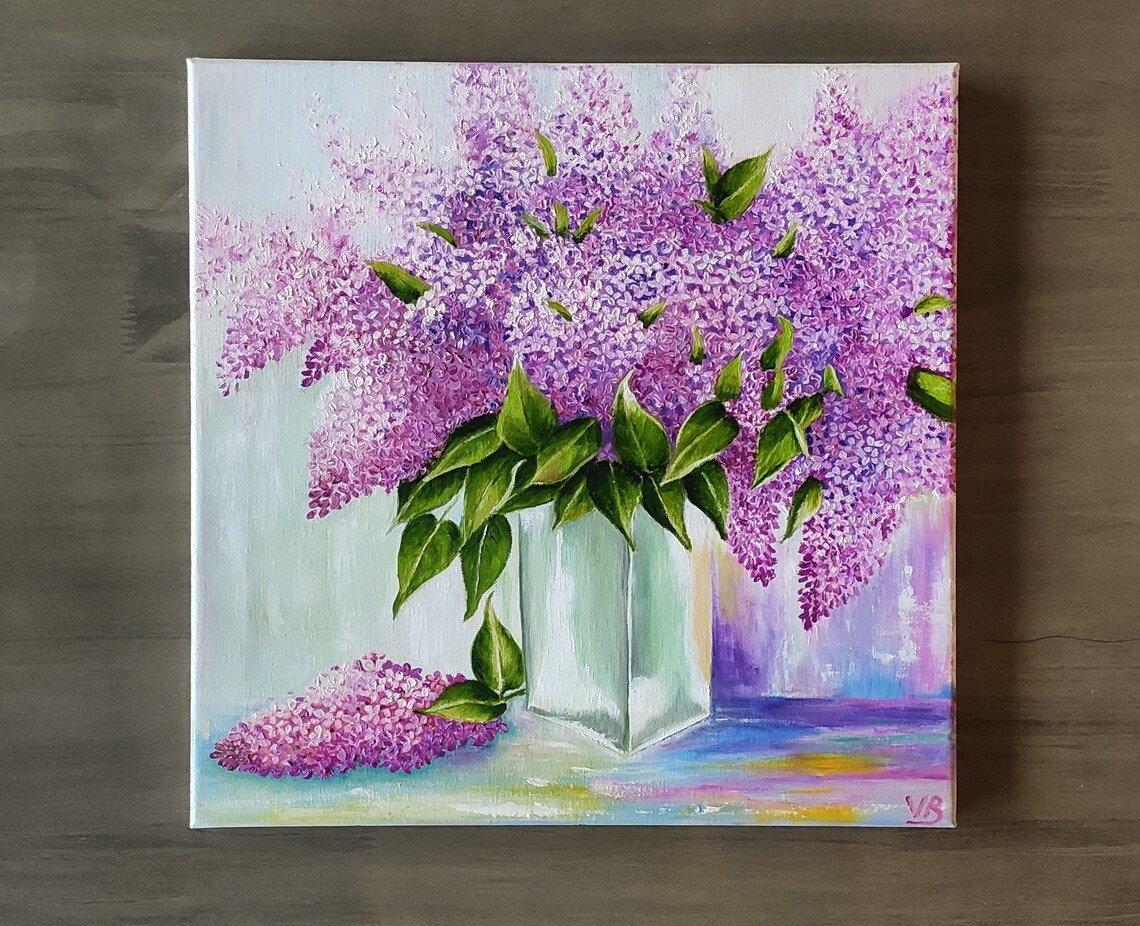 Purple Lilac Blossoms Glass Vase Floral Oil Painting Wall Art Poster - Image 2