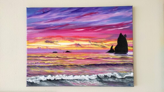 Rialto Beach Sunset Sea Stacks Pink Sky Original Oil Painting Ocean Wall Art