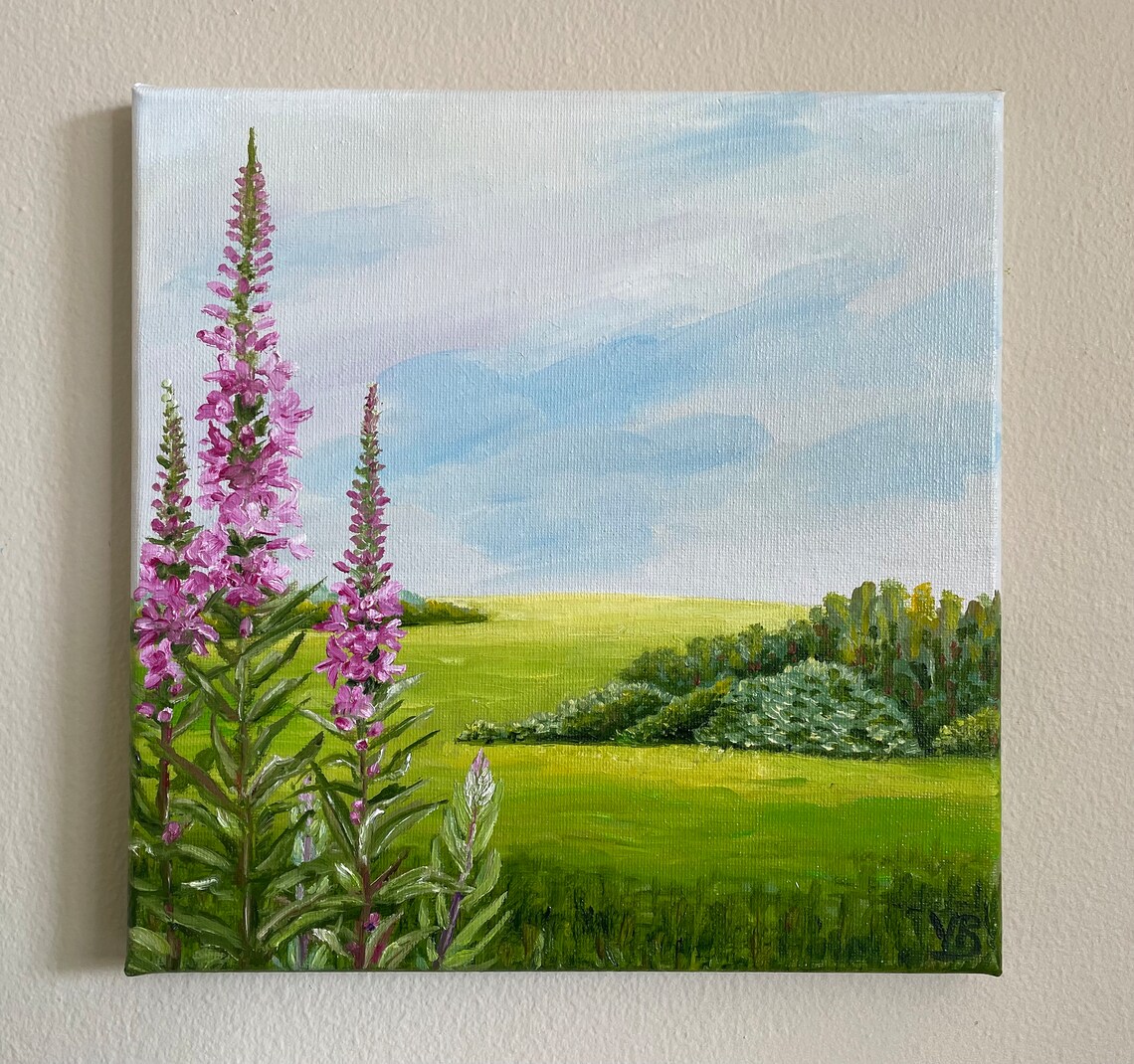 Green Meadow Pink Fireweed Wildflowers Landscape Oil Painting Poster
