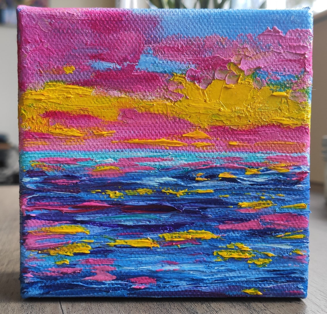 Vibrant Pink Yellow Sunset Over Blue Sea Impasto Seascape Art Poster - Image 4