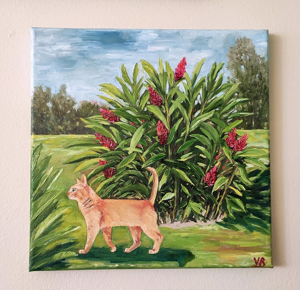 Ginger Cat Tropical Garden Red Flowers Oil Painting Animal Wall Art - Image 2
