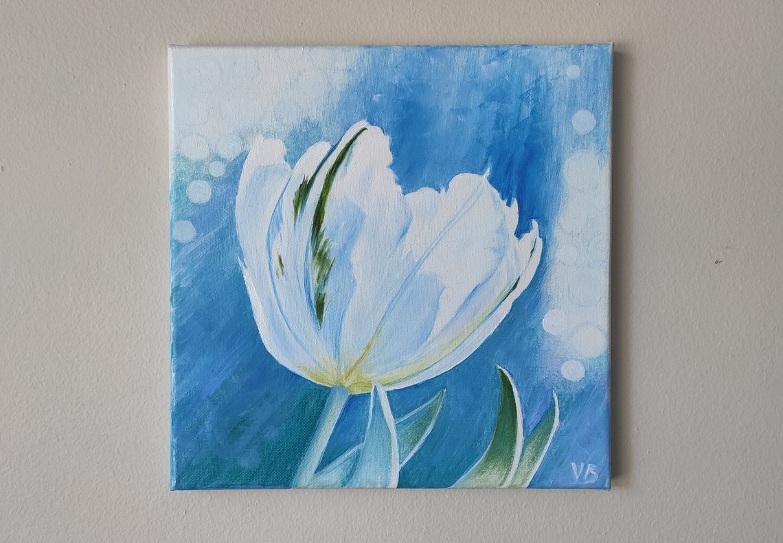 White Tulip Blue Background Spring Bloom Floral Oil Painting Wall Art - Image 3