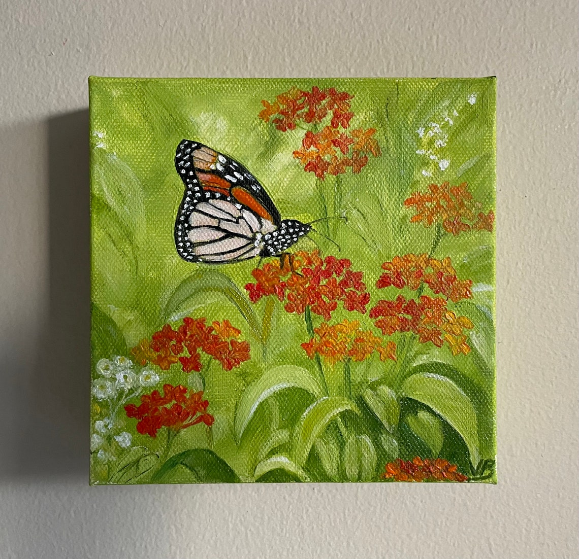 Monarch Butterfly Red Milkweed Flowers Original Oil Painting Wall Art - Image 2
