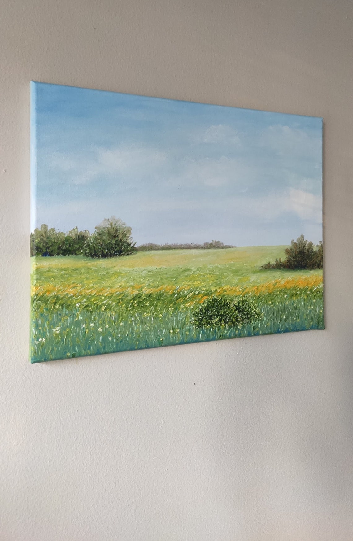 Green Summer Meadow Wheat Field Blue Sky Country Landscape Wall Art - Image 2