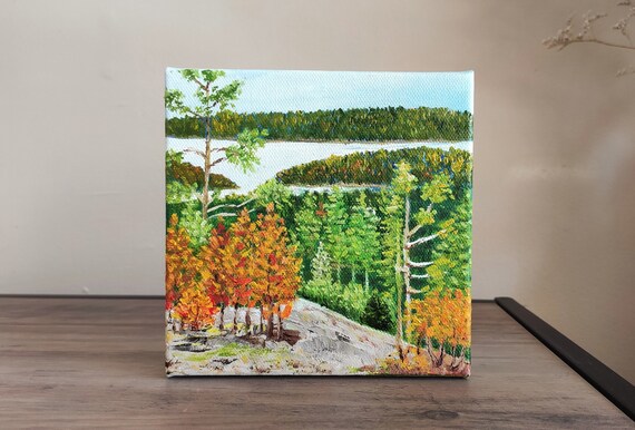 Fall Landscape Original Handmade Oil Painting On 6x6 Forest Trees Lake Painting Gallery Wall Art One Of A Kind Gift