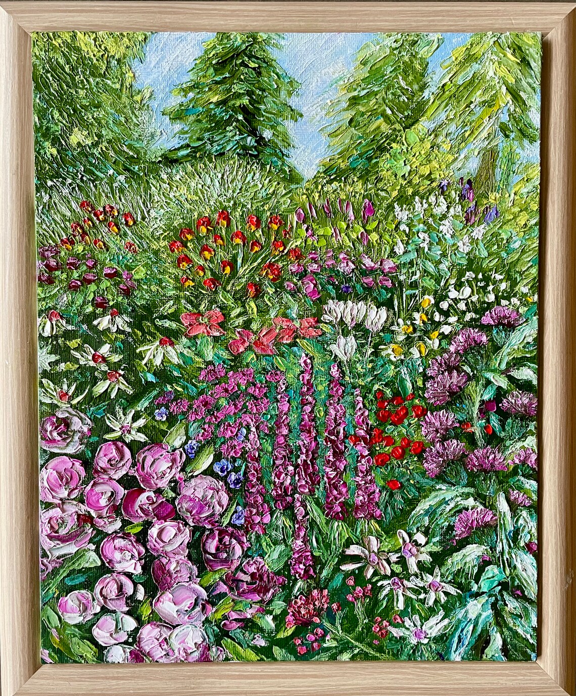 Lush Summer Garden With Pink Roses Salvia Poppies Fir Trees Art Poster - Image 3