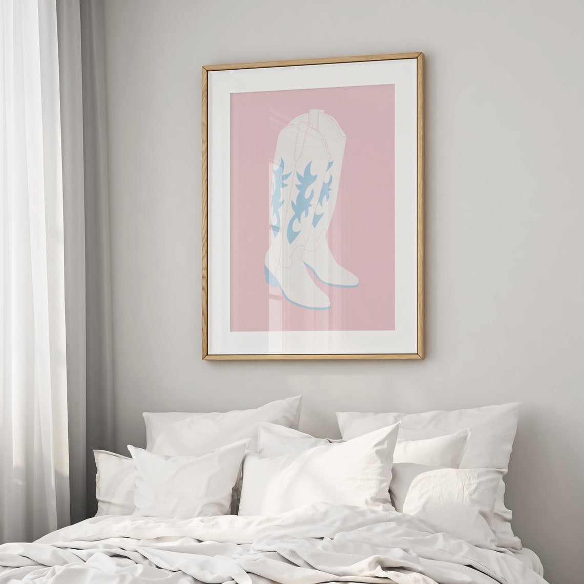 White Cowboy Boots with Blue Stitching on Pink Western Art Poster - Image 2