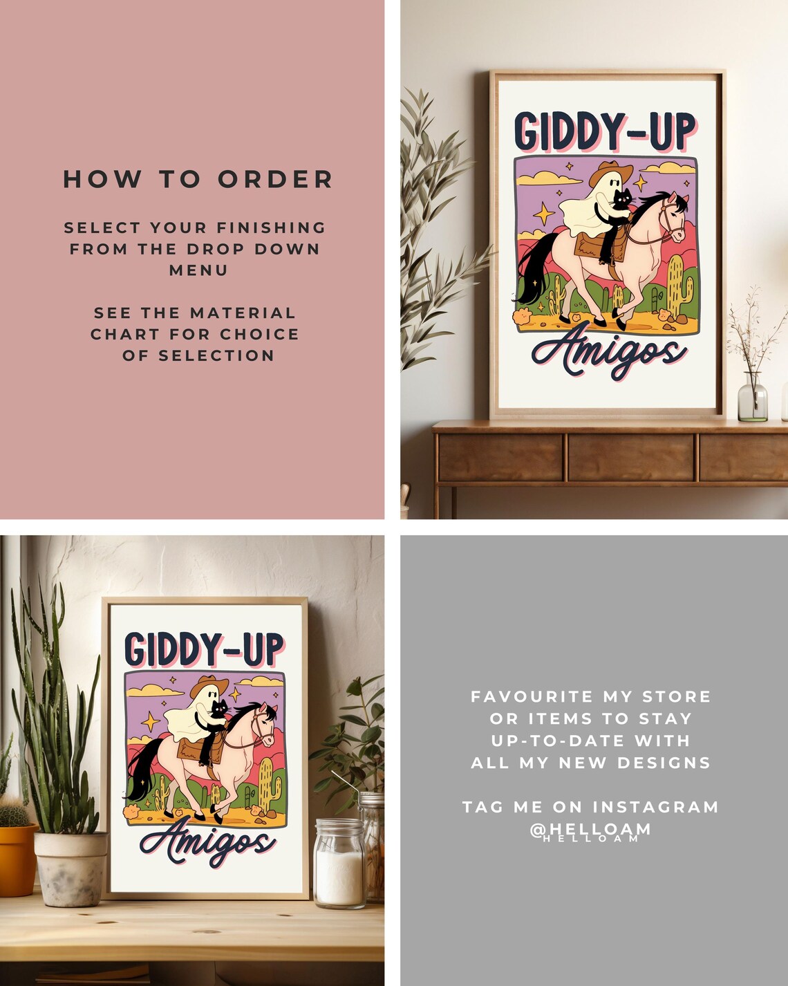 Giddy-Up Amigos Ghost Cowboy Riding Horse With Cat Funny Quote Poster - Image 3