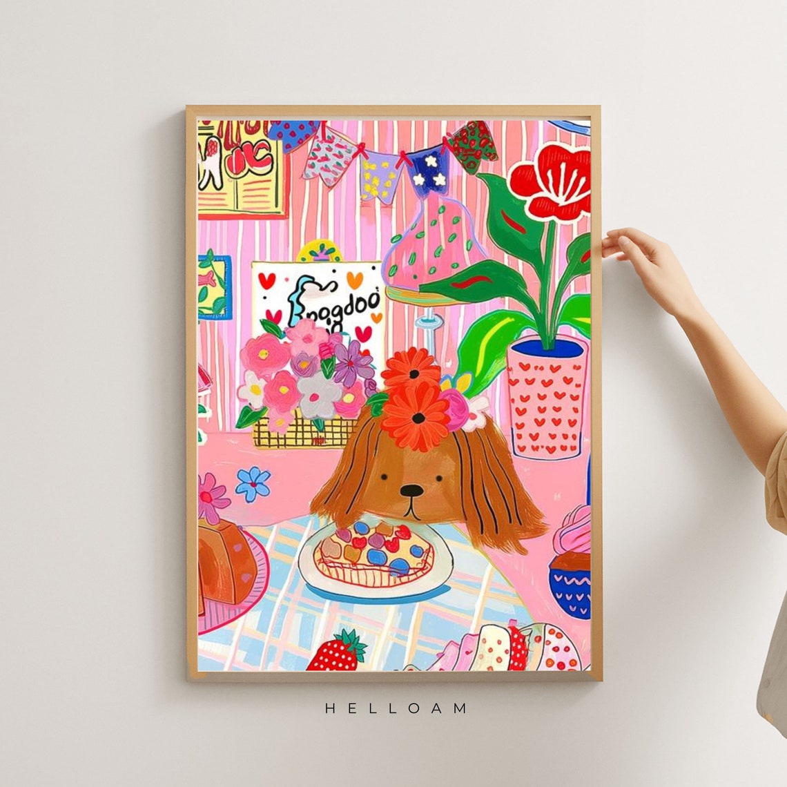 Good Dog Party Spaniel Flower Crown Cake Colorful Nursery Wall Art