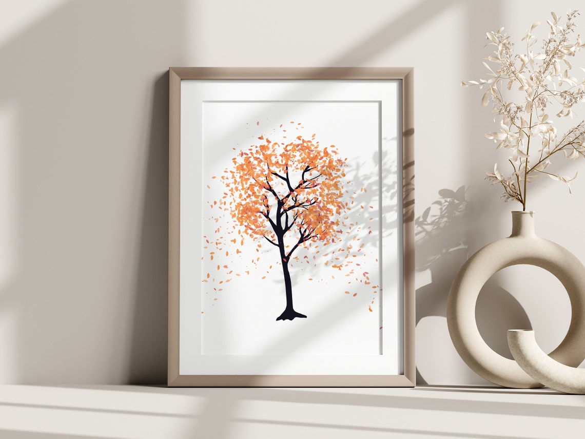 Autumn Tree Falling Orange Leaves Watercolor Minimalist Wall Art
