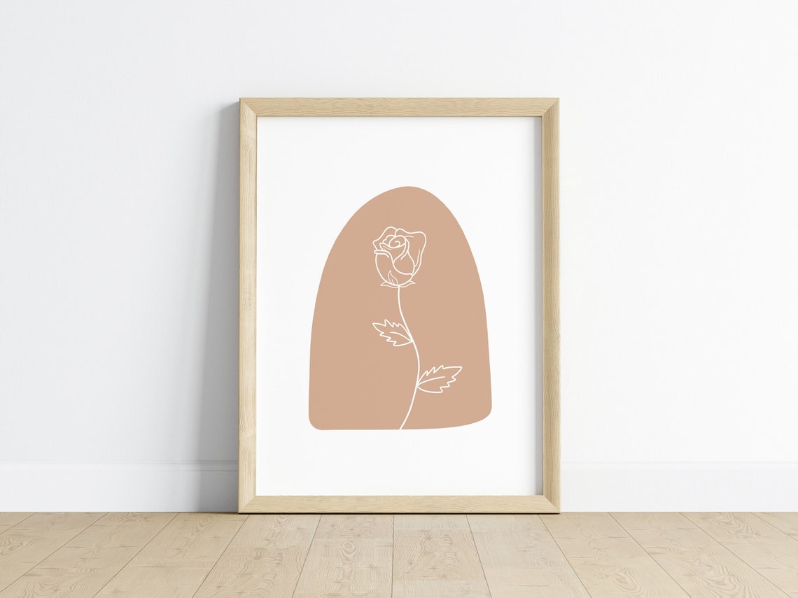 Boho Beige Arch White Line Rose Flower Minimalist Wall Art Decor