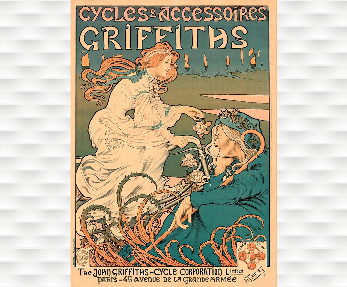 Griffiths Cycles Art Nouveau Woman Rose Vintage Bicycle Poster