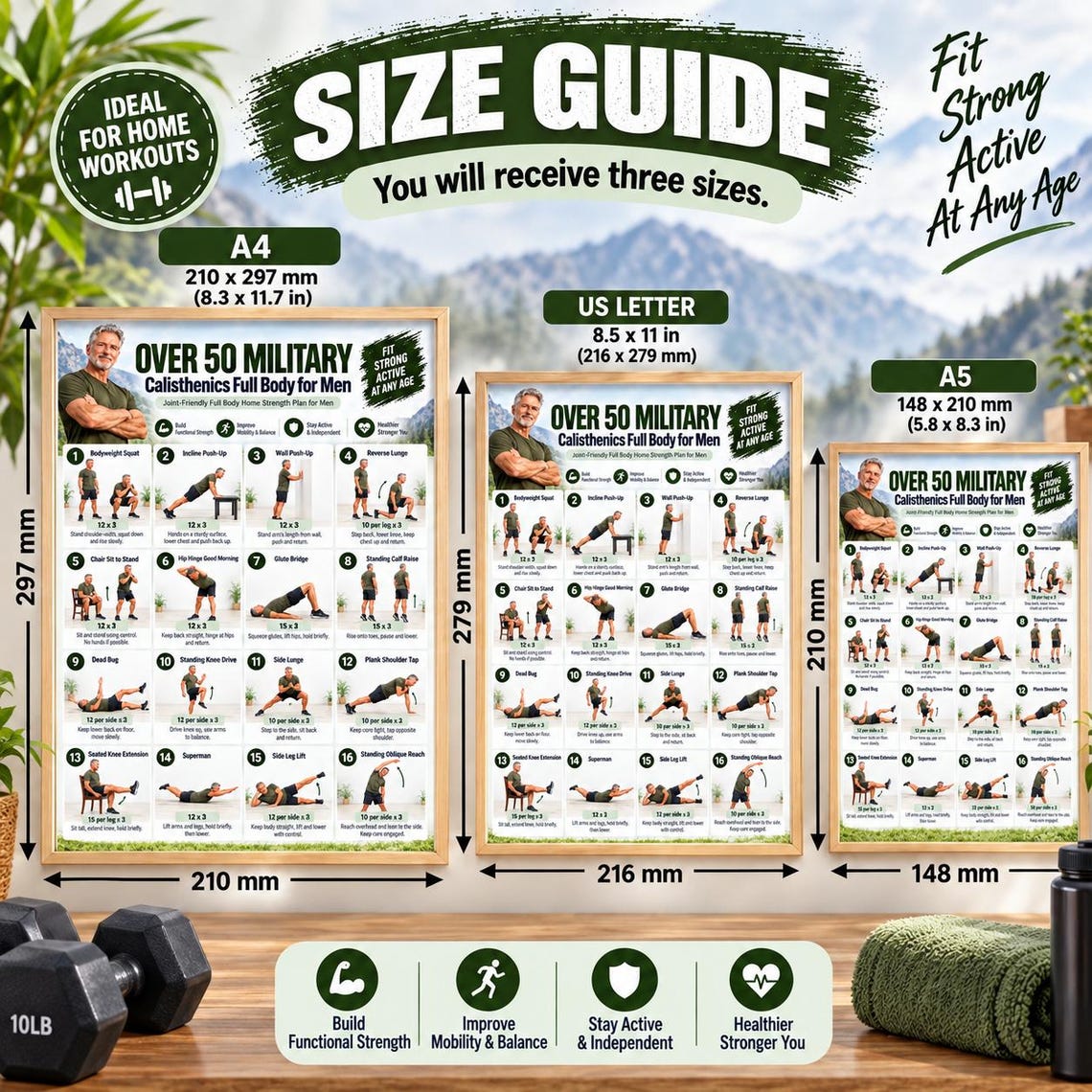 Military Calisthenics Workout Poster for Men Over 50, Home Gym - Image 4