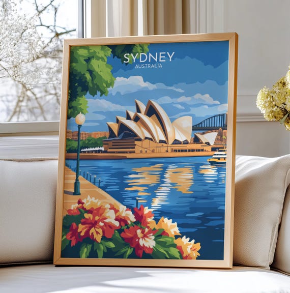 Sydney Australia Travel Poster Art Opera House And Harbour Bridge View Print