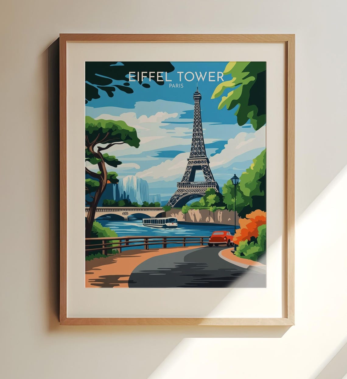 Eiffel Tower Paris Travel Poster Red Car Riverside Bridge Scenic Art
